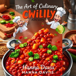 A captivating book cover design for the short story 'The Art of Culinary Adventure and Rivalry' by Hanna Davis, centered around the theme of cooking chili