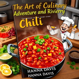 A captivating book cover design for the short story 'The Art of Culinary Adventure and Rivalry' by Hanna Davis, centered around the theme of cooking chili