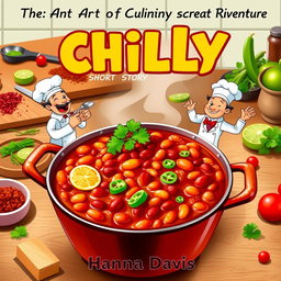 A captivating book cover design for the short story 'The Art of Culinary Adventure and Rivalry' by Hanna Davis, centered around the theme of cooking chili