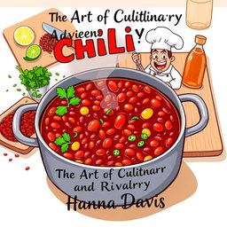 A captivating book cover design for the short story 'The Art of Culinary Adventure and Rivalry' by Hanna Davis, centered around the theme of cooking chili
