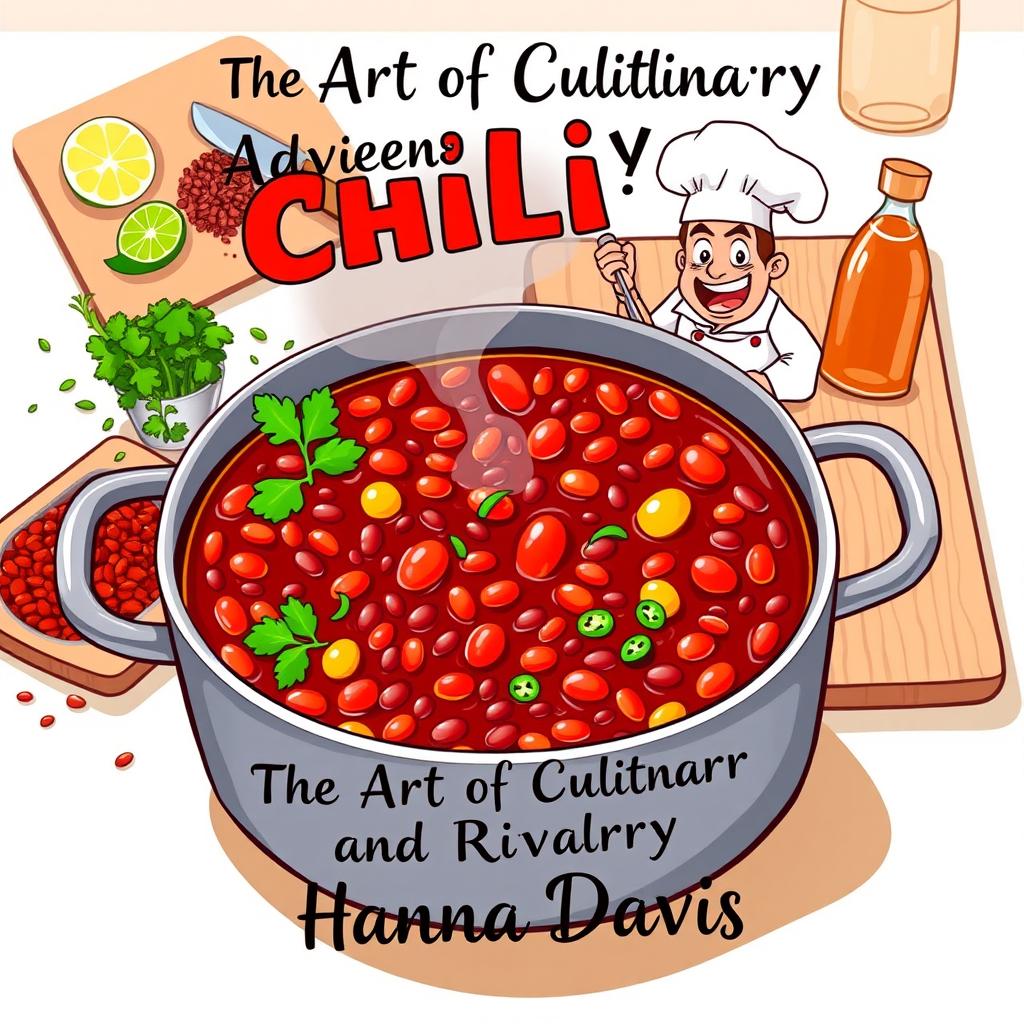 A captivating book cover design for the short story 'The Art of Culinary Adventure and Rivalry' by Hanna Davis, centered around the theme of cooking chili