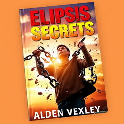 A realistic and vibrant book cover for 'Elipsis Secrets' by Alden Vexley, depicting a powerful scene of a person, gender-neutral, breaking free from heavy chains in a dramatic fashion