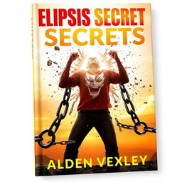 A realistic and vibrant book cover for 'Elipsis Secrets' by Alden Vexley, depicting a powerful scene of a person, gender-neutral, breaking free from heavy chains in a dramatic fashion