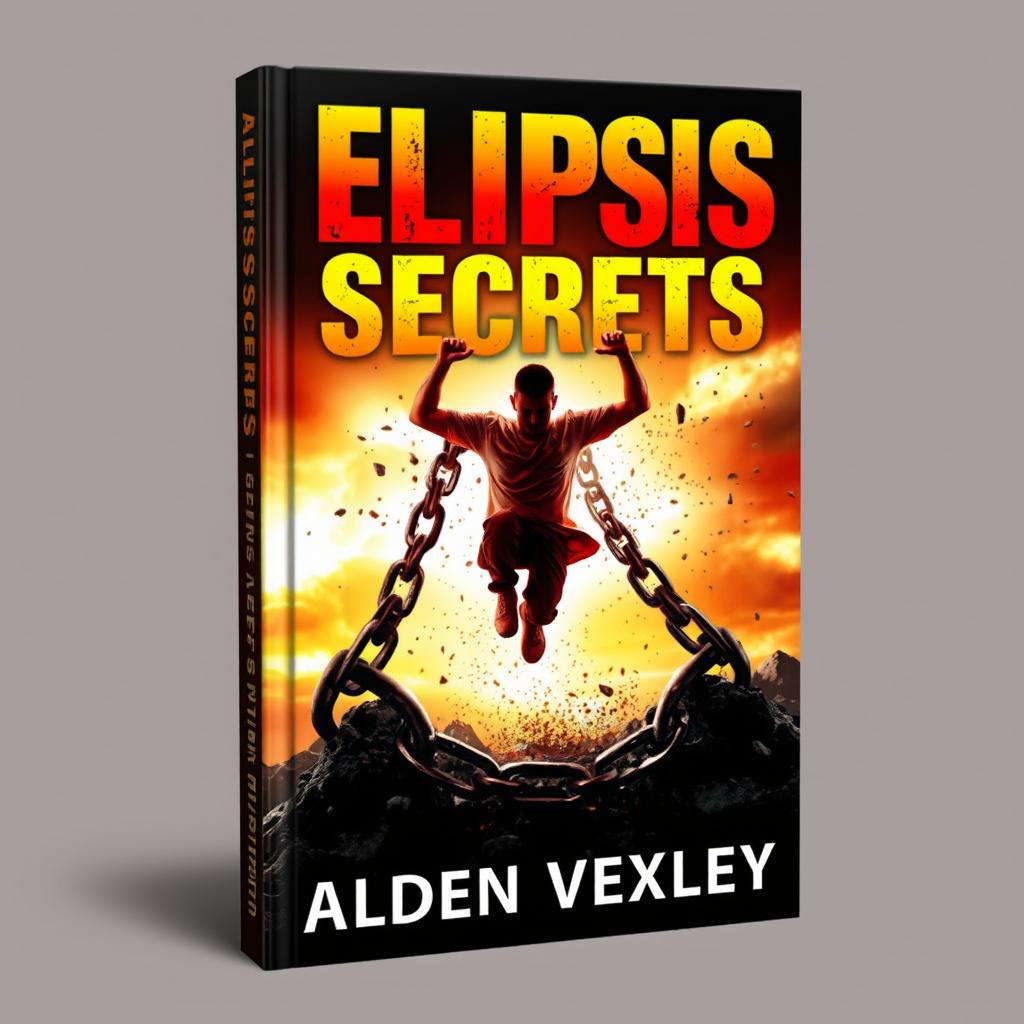 A realistic and vibrant book cover for 'Elipsis Secrets' by Alden Vexley, depicting a powerful scene of a person, gender-neutral, breaking free from heavy chains in a dramatic fashion