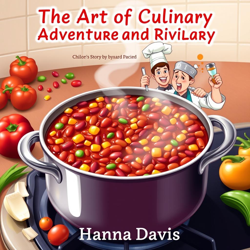 An engaging book cover design for the short story 'The Art of Culinary Adventure and Rivalry' by Hanna Davis, centered around the theme of cooking chili