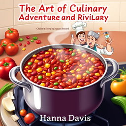 An engaging book cover design for the short story 'The Art of Culinary Adventure and Rivalry' by Hanna Davis, centered around the theme of cooking chili
