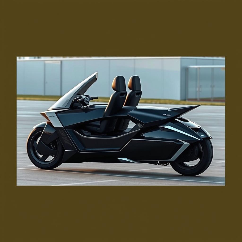 An electric car featuring two back-to-back seats designed like a motorcycle, resembling a sleek and aerodynamic fighter jet