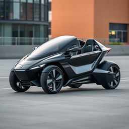 An electric car featuring two back-to-back seats designed like a motorcycle, resembling a sleek and aerodynamic fighter jet