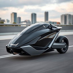 An electric car featuring two back-to-back seats designed like a motorcycle, resembling a sleek and aerodynamic fighter jet