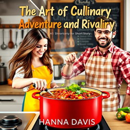 A dynamic book cover design for the short story 'The Art of Culinary Adventure and Rivalry' by Hanna Davis, featuring a woman and a man actively cooking chili together in a vibrant kitchen setting