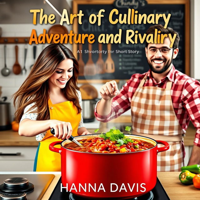 A dynamic book cover design for the short story 'The Art of Culinary Adventure and Rivalry' by Hanna Davis, featuring a woman and a man actively cooking chili together in a vibrant kitchen setting