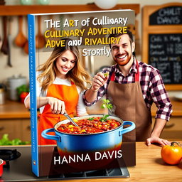 A dynamic book cover design for the short story 'The Art of Culinary Adventure and Rivalry' by Hanna Davis, featuring a woman and a man actively cooking chili together in a vibrant kitchen setting
