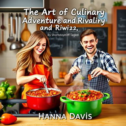A dynamic book cover design for the short story 'The Art of Culinary Adventure and Rivalry' by Hanna Davis, featuring a woman and a man actively cooking chili together in a vibrant kitchen setting