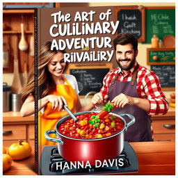 A dynamic book cover design for the short story 'The Art of Culinary Adventure and Rivalry' by Hanna Davis, featuring a woman and a man actively cooking chili together in a vibrant kitchen setting