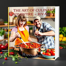 A visually appealing book cover design for the short story 'The Art of Culinary Adventure and Rivalry' by Hanna Davis, featuring a woman and a man engaged in a delightful cooking session making chili