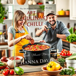 A visually appealing book cover design for the short story 'The Art of Culinary Adventure and Rivalry' by Hanna Davis, featuring a woman and a man engaged in a delightful cooking session making chili