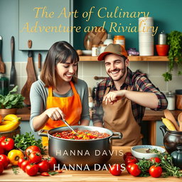 A visually appealing book cover design for the short story 'The Art of Culinary Adventure and Rivalry' by Hanna Davis, featuring a woman and a man engaged in a delightful cooking session making chili
