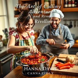 A captivating book cover design for the short story 'The Art of Culinary Adventure and Rivalry' by Hanna Davis, showcasing a woman and a man joyfully cooking chili together