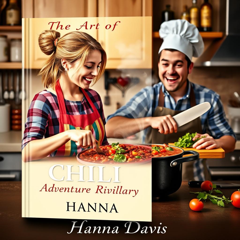 A captivating book cover design for the short story 'The Art of Culinary Adventure and Rivalry' by Hanna Davis, showcasing a woman and a man joyfully cooking chili together