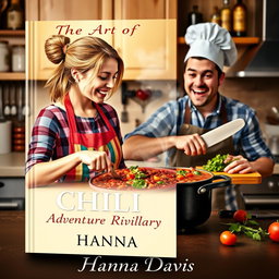 A captivating book cover design for the short story 'The Art of Culinary Adventure and Rivalry' by Hanna Davis, showcasing a woman and a man joyfully cooking chili together