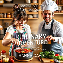 A captivating book cover design for the short story 'The Art of Culinary Adventure and Rivalry' by Hanna Davis, showcasing a woman and a man joyfully cooking chili together