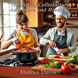 A captivating book cover design for the short story 'The Art of Culinary Adventure and Rivalry' by Hanna Davis, showcasing a woman and a man joyfully cooking chili together