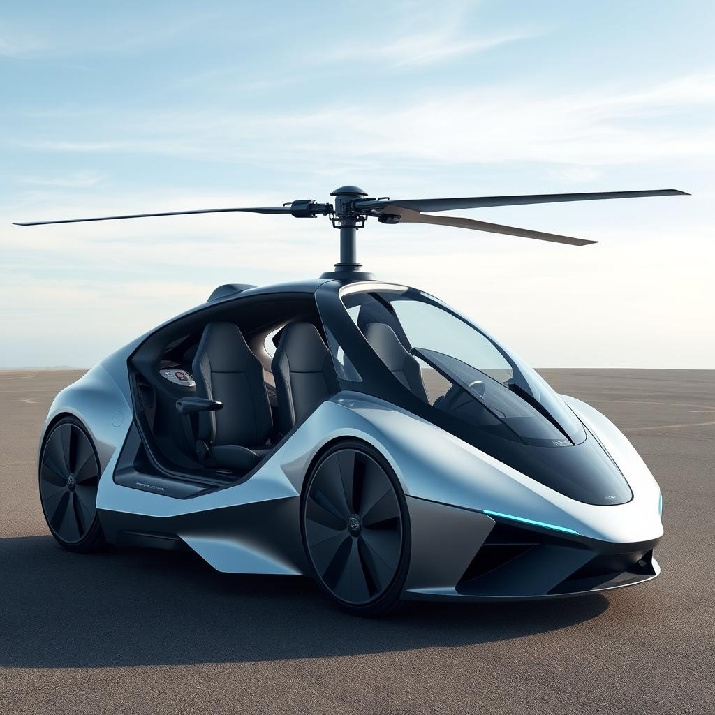 An electric car featuring two back-to-back seats designed like a helicopter, evoking the sleek and aerodynamic profile of a fighter jet