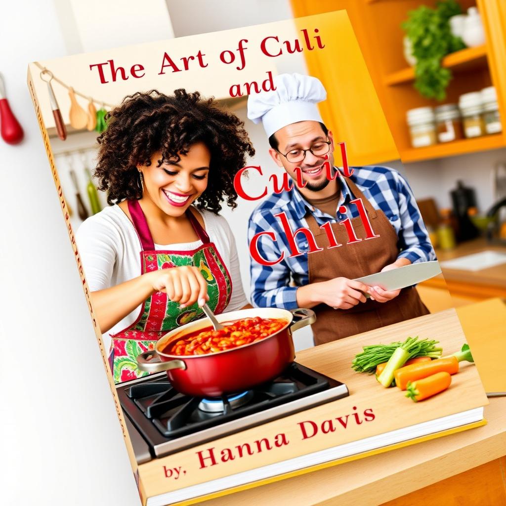 A vibrant book cover design showing a woman and a man joyfully cooking chili together