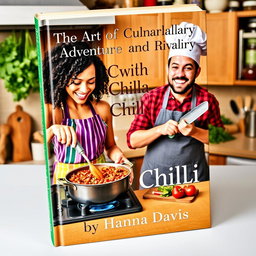 A vibrant book cover design showing a woman and a man joyfully cooking chili together