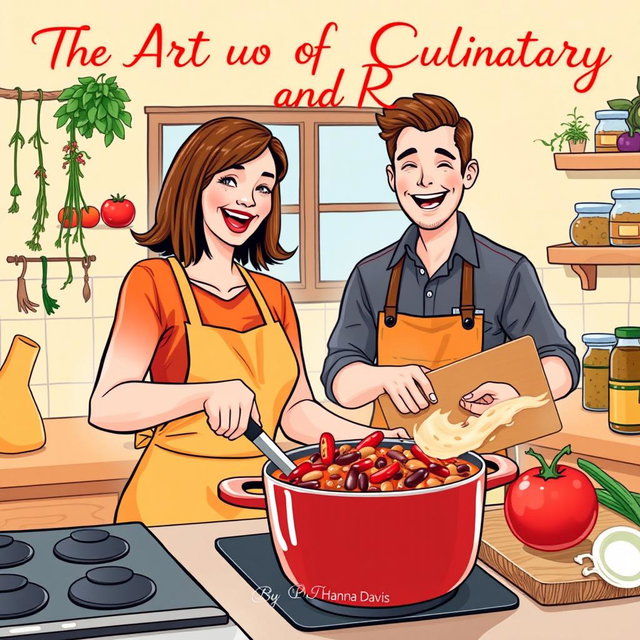 An engaging illustration of a woman and a man cooking chili together in a cheerful kitchen