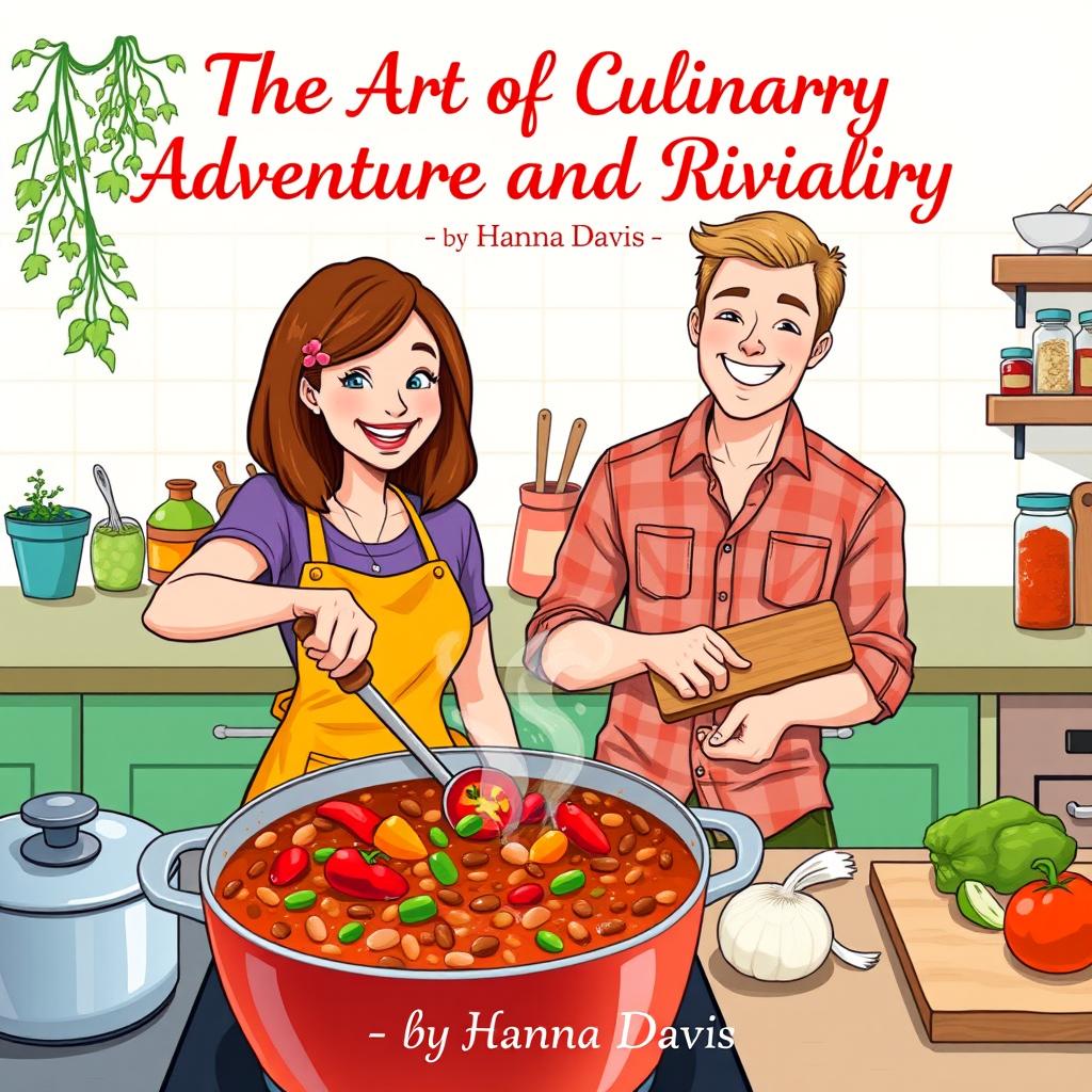 An engaging illustration of a woman and a man cooking chili together in a cheerful kitchen
