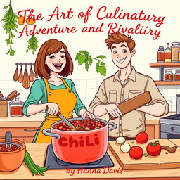 An engaging illustration of a woman and a man cooking chili together in a cheerful kitchen