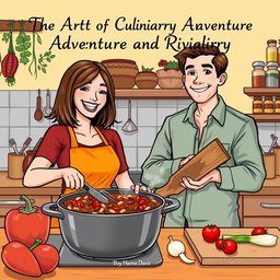 An engaging illustration of a woman and a man cooking chili together in a cheerful kitchen