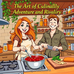 An energetic illustration of a woman and man cooking chili together in a bustling kitchen