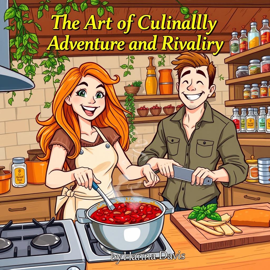 An energetic illustration of a woman and man cooking chili together in a bustling kitchen