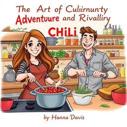 An energetic illustration of a woman and man cooking chili together in a bustling kitchen