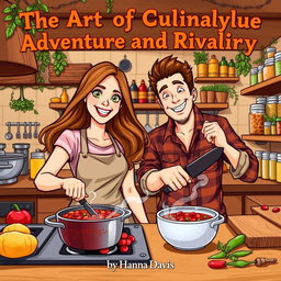 An energetic illustration of a woman and man cooking chili together in a bustling kitchen