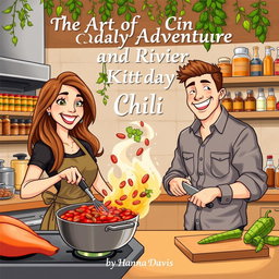 An energetic illustration of a woman and man cooking chili together in a bustling kitchen