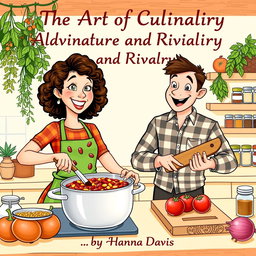 A lively illustration featuring a woman and a man cooking chili together in a bright kitchen