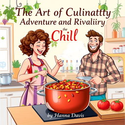 A lively illustration featuring a woman and a man cooking chili together in a bright kitchen