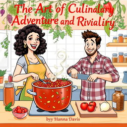 A lively illustration featuring a woman and a man cooking chili together in a bright kitchen