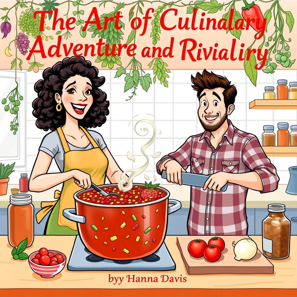 A lively illustration featuring a woman and a man cooking chili together in a bright kitchen