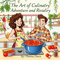 A lively illustration featuring a woman and a man cooking chili together in a bright kitchen