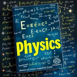 A visually striking cover design for a physics book featuring a dynamic background filled with complex physics formulas and equations, such as E=mc^2, Newton's laws, and quantum mechanics symbols