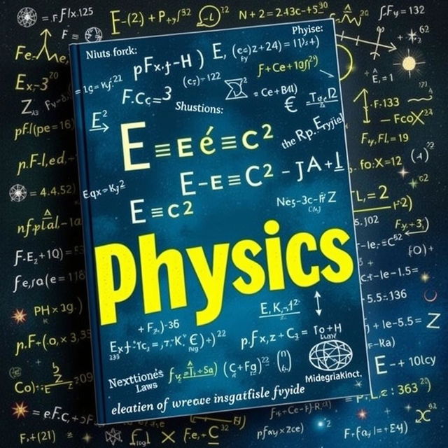 A visually striking cover design for a physics book featuring a dynamic background filled with complex physics formulas and equations, such as E=mc^2, Newton's laws, and quantum mechanics symbols