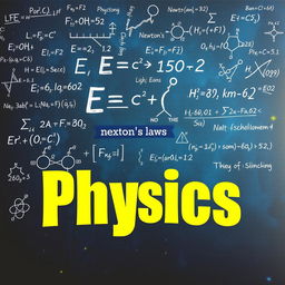 A visually striking cover design for a physics book featuring a dynamic background filled with complex physics formulas and equations, such as E=mc^2, Newton's laws, and quantum mechanics symbols