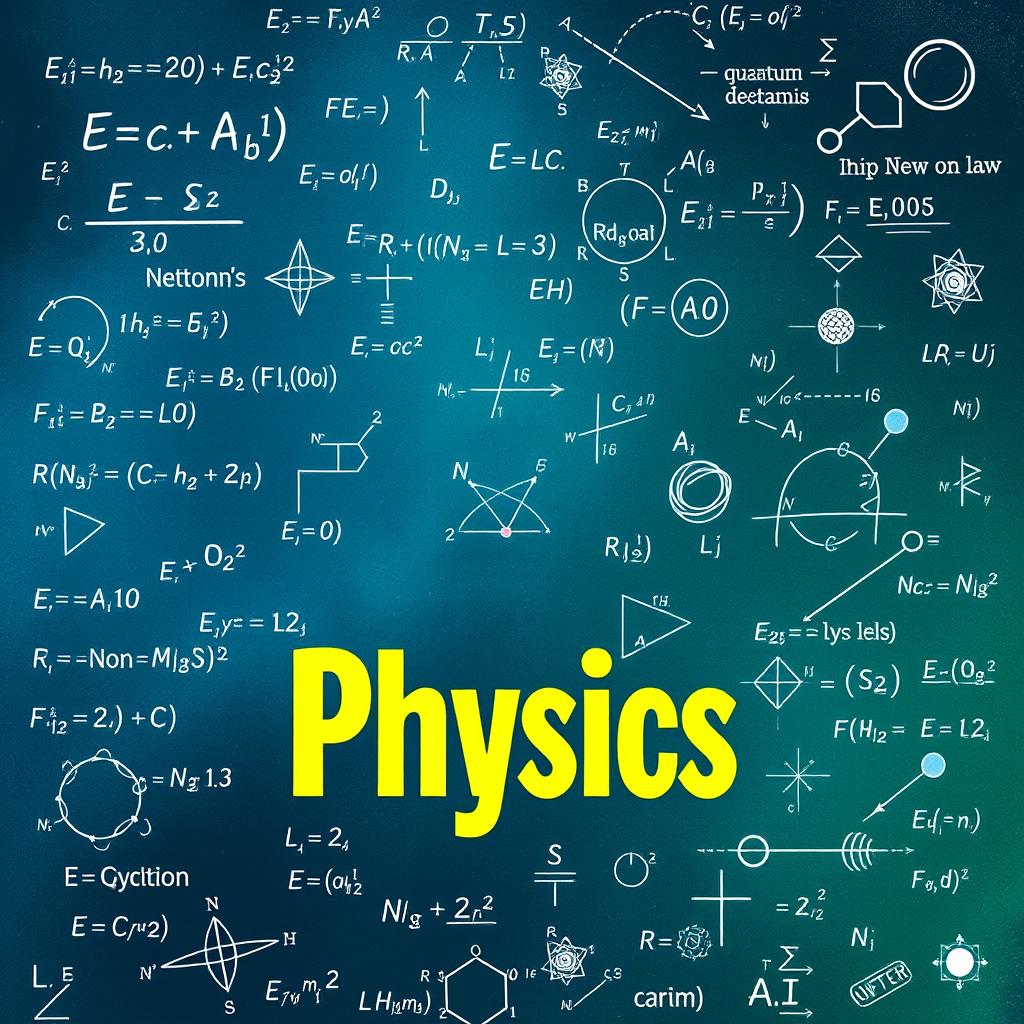 A visually striking cover design for a physics book featuring a dynamic background filled with complex physics formulas and equations, such as E=mc^2, Newton's laws, and quantum mechanics symbols