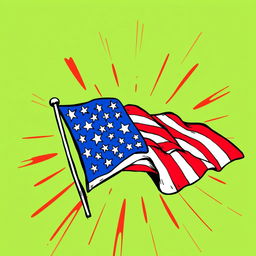 A vibrant green background featuring a bold interpretation of the American flag with its red, white, and blue colors artistically woven into a comic-style drawing