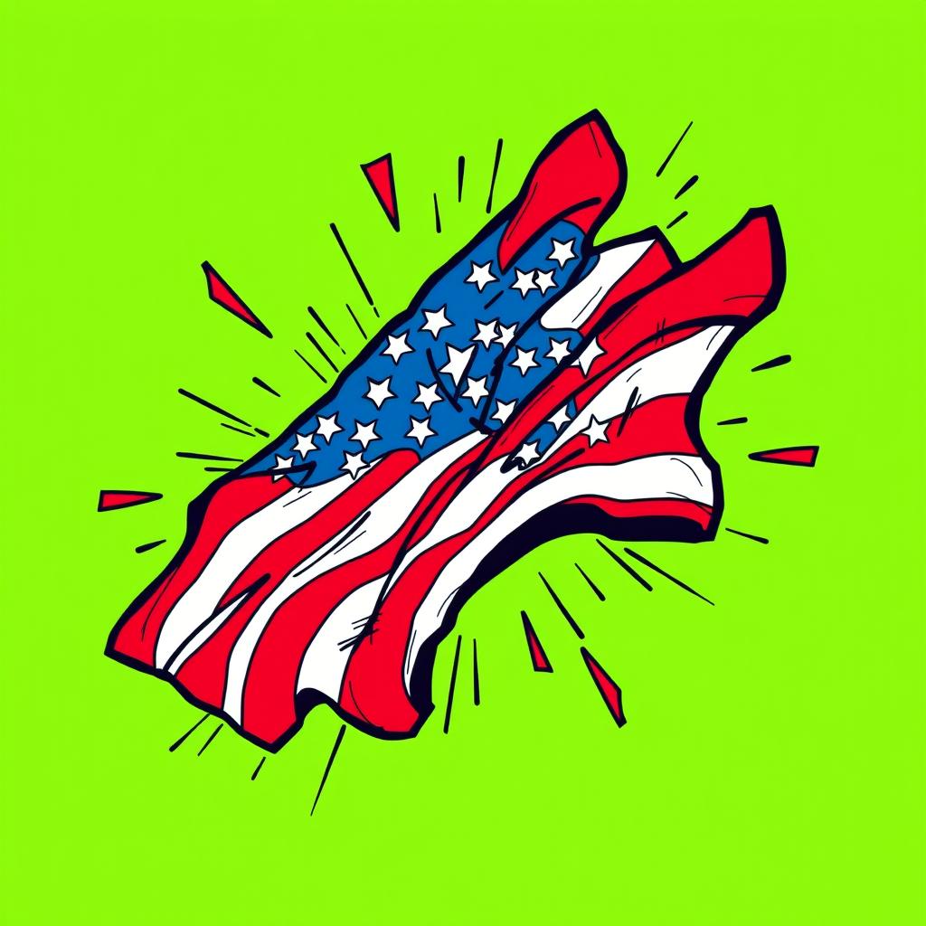 A vibrant green background featuring a bold interpretation of the American flag with its red, white, and blue colors artistically woven into a comic-style drawing