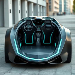 An electric car designed with two back-to-back seats that closely resemble the cockpit of a fighter jet